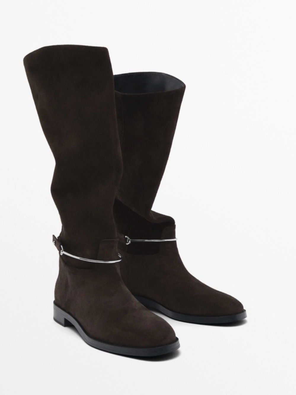 Massimo Dutti Dark Brown Suede Knee-High Boots with Silver Details